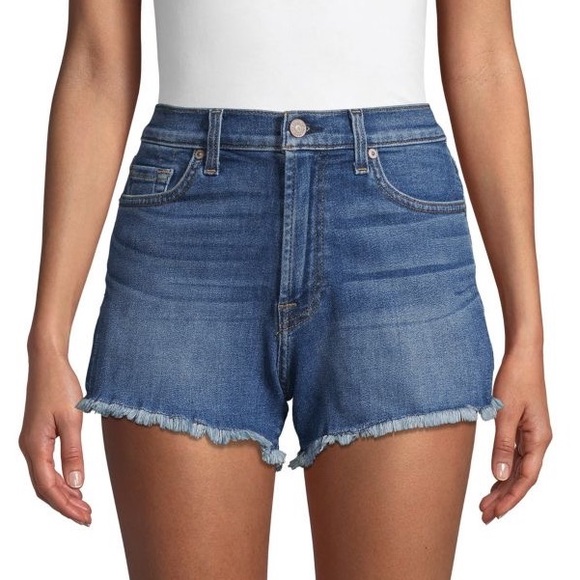 7 For All Mankind High-Rise Frayed Cuff Stretch Denim Jeans Shorts Size 29 (6-8) - Picture 1 of 8